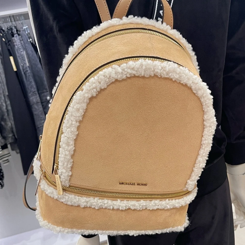 MICHAEL KORS Rhea Medium Suede and Faux Shearling Backpack Peanut  NWT